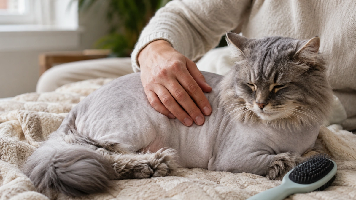 Owner gently checking the skin and short coat of a cat after a professional lion cut