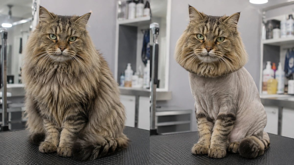Long-haired cat before grooming compared with the same coat type after a professional lion cut