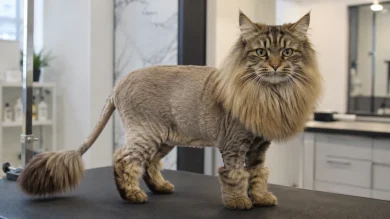 Long-haired cat with a professionally groomed lion cut showing mane short body coat and fluffy tail tip