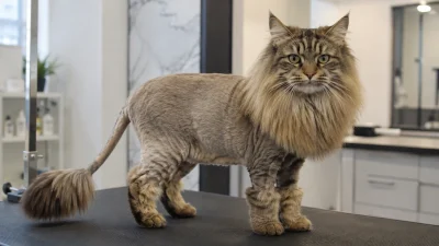 Long-haired cat with a professionally groomed lion cut showing mane short body coat and fluffy tail tip
