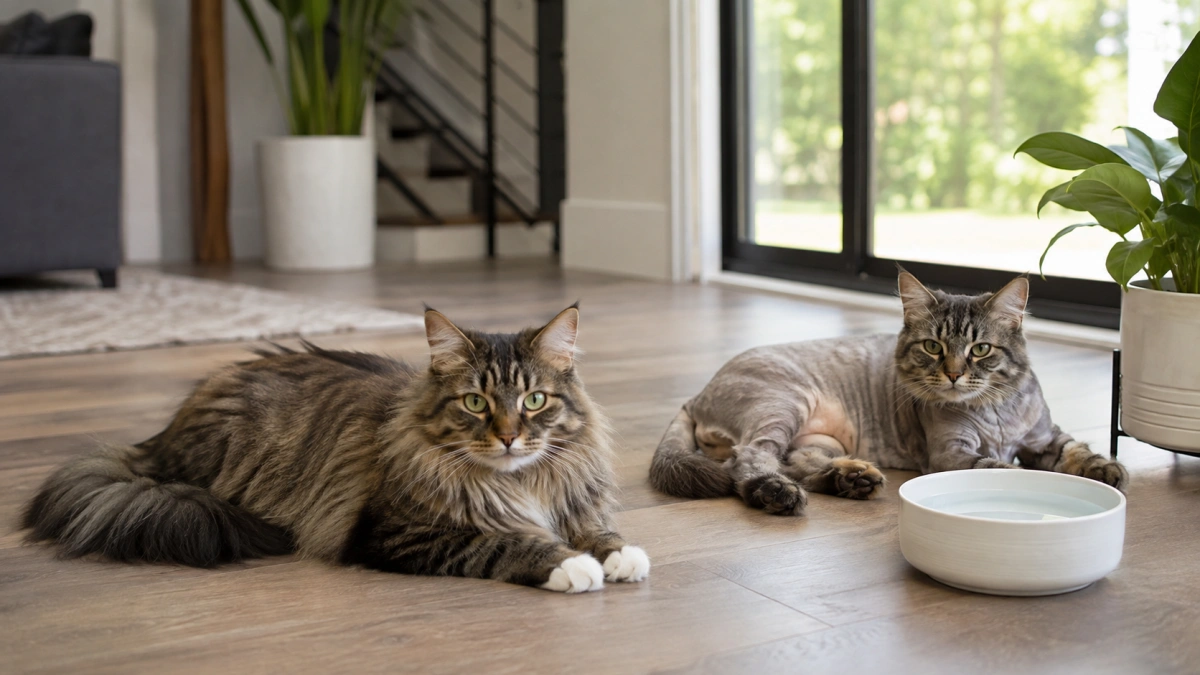 Healthy long-haired indoor cat resting comfortably in a cool shaded home beside a professionally lion-cut cat
