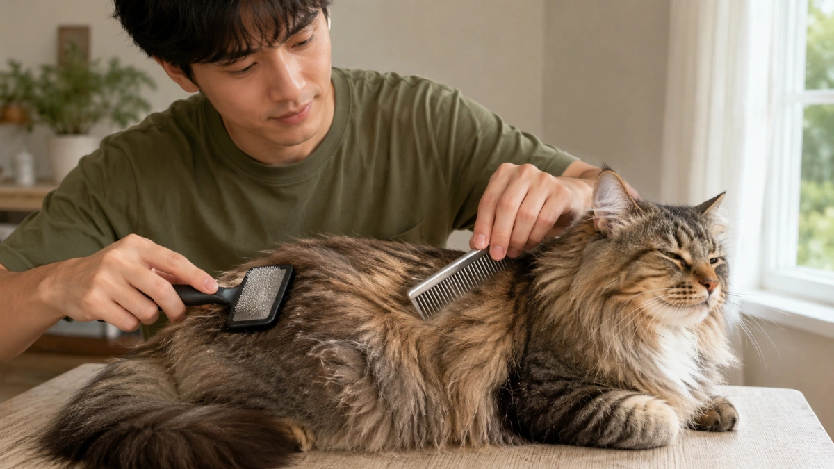 Surface brushing compared with a deeper metal comb check on a long-haired cat