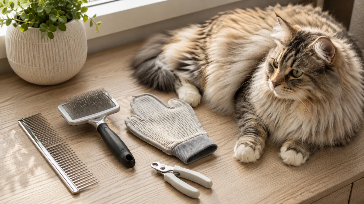 Essential long-haired cat grooming tools including metal comb brush mitt and nail clippers