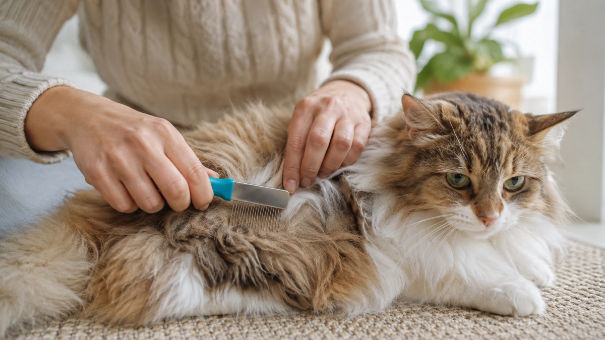Long-haired cat receiving careful flea comb grooming