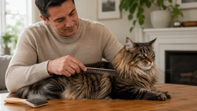 Owner gently grooming a fluffy long-haired cat with a stainless steel comb