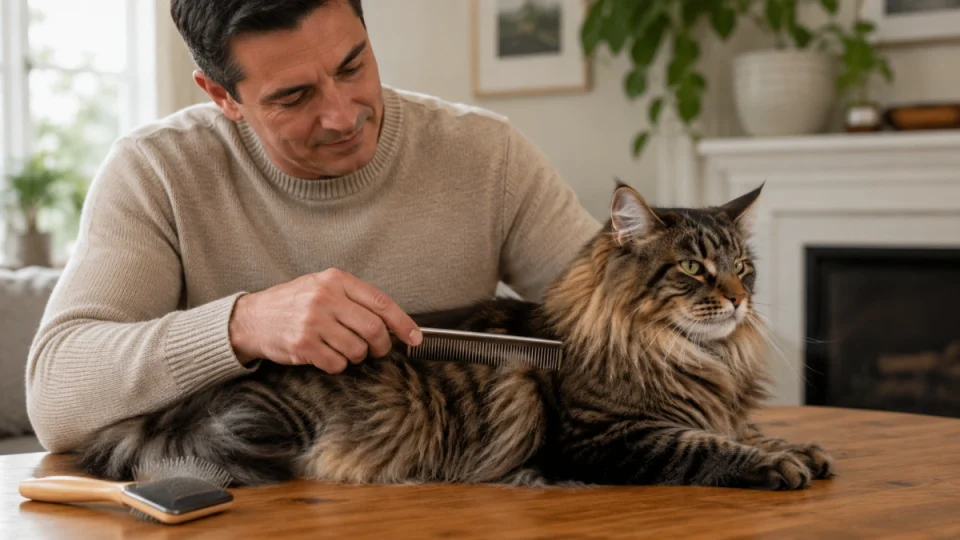 Owner gently grooming a fluffy long-haired cat with a stainless steel comb