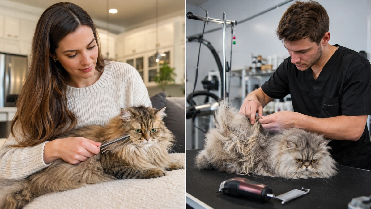 Home long-haired cat grooming compared with professional feline coat care