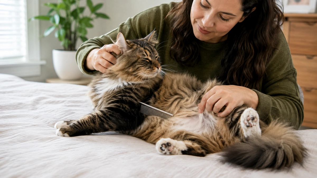 Owner checking common mat-prone areas on a fluffy long-haired cat