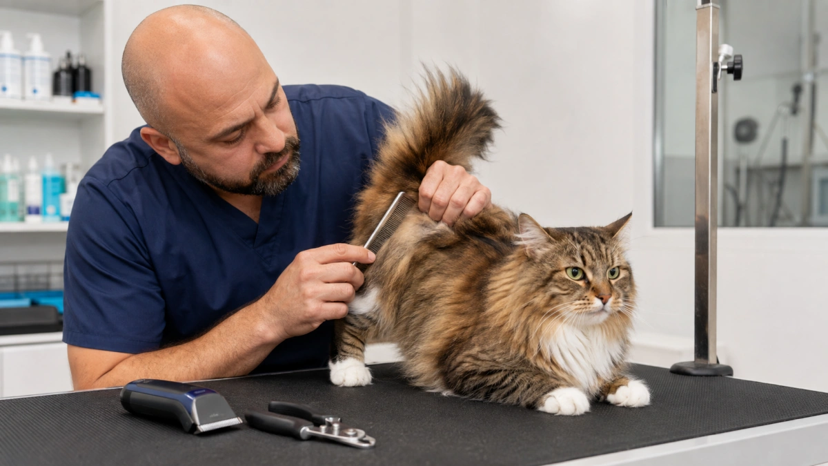 Professional groomer checking rear coat and paw fur on a long-haired cat