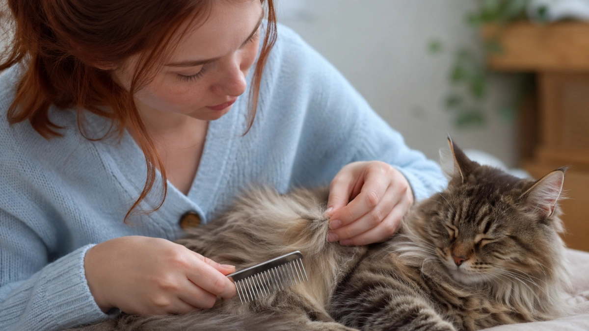 Owner gently separating a small long-haired cat fur tangle with fingers and a metal comb