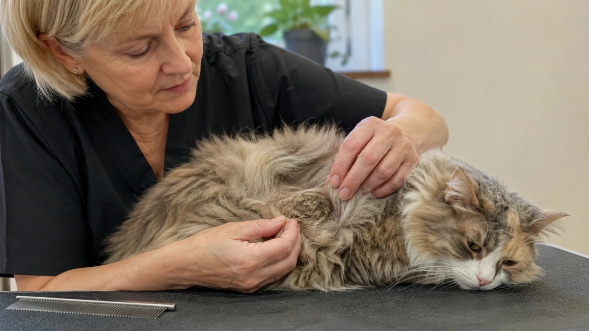 Owner pausing rather than attempting to cut a tight mat on a long-haired cat