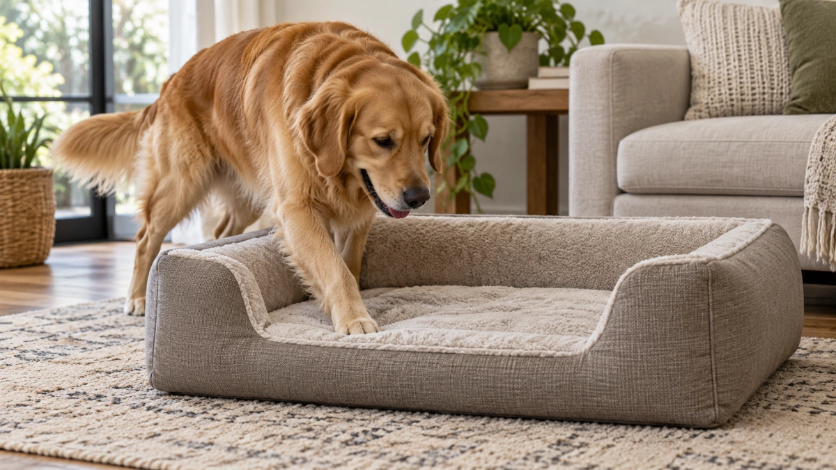 Bolster dog bed with a low open front entry