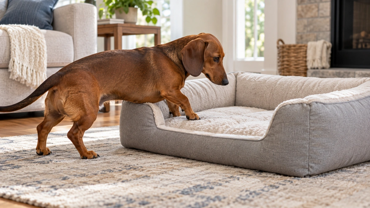 Dachshund stepping into a low entry dog bed