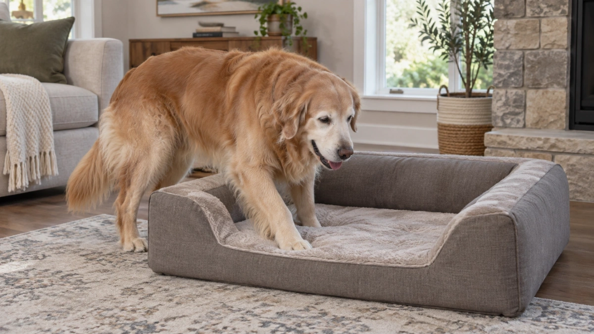 Low-entry orthopedic dog bed with supportive bolsters