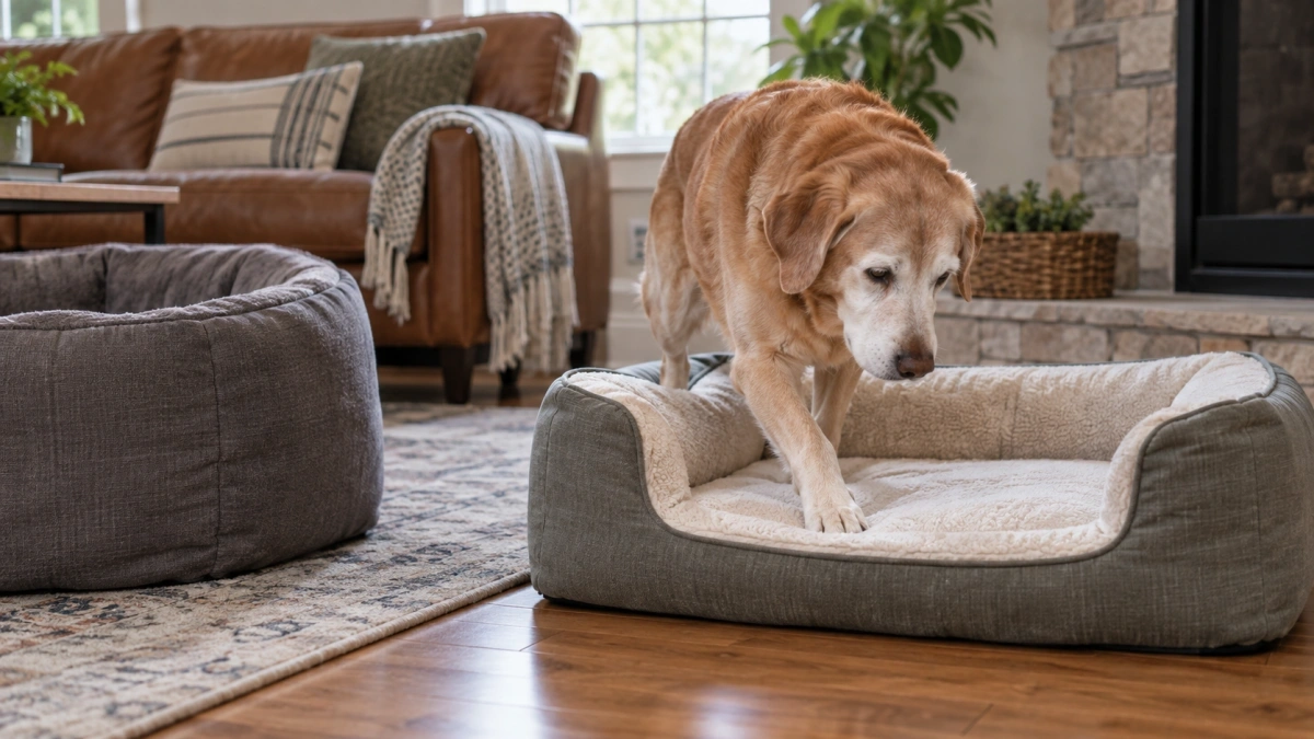 Senior dog stepping onto a low-entry supportive dog bed