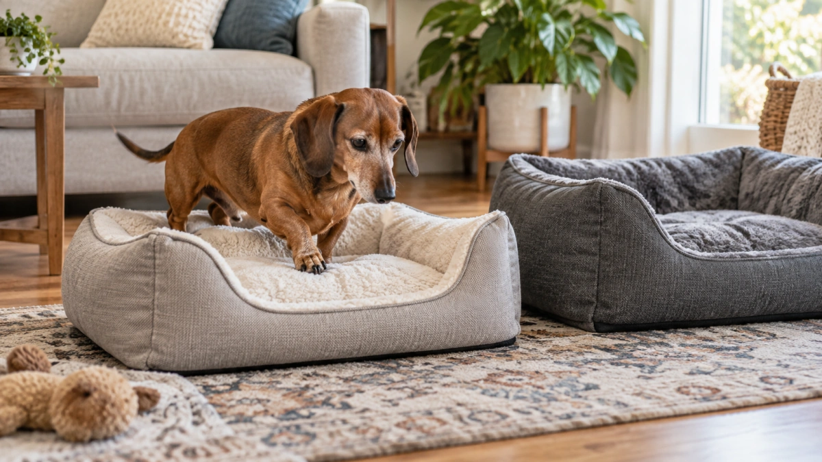 Small dog stepping into a low-entry bolster dog bed