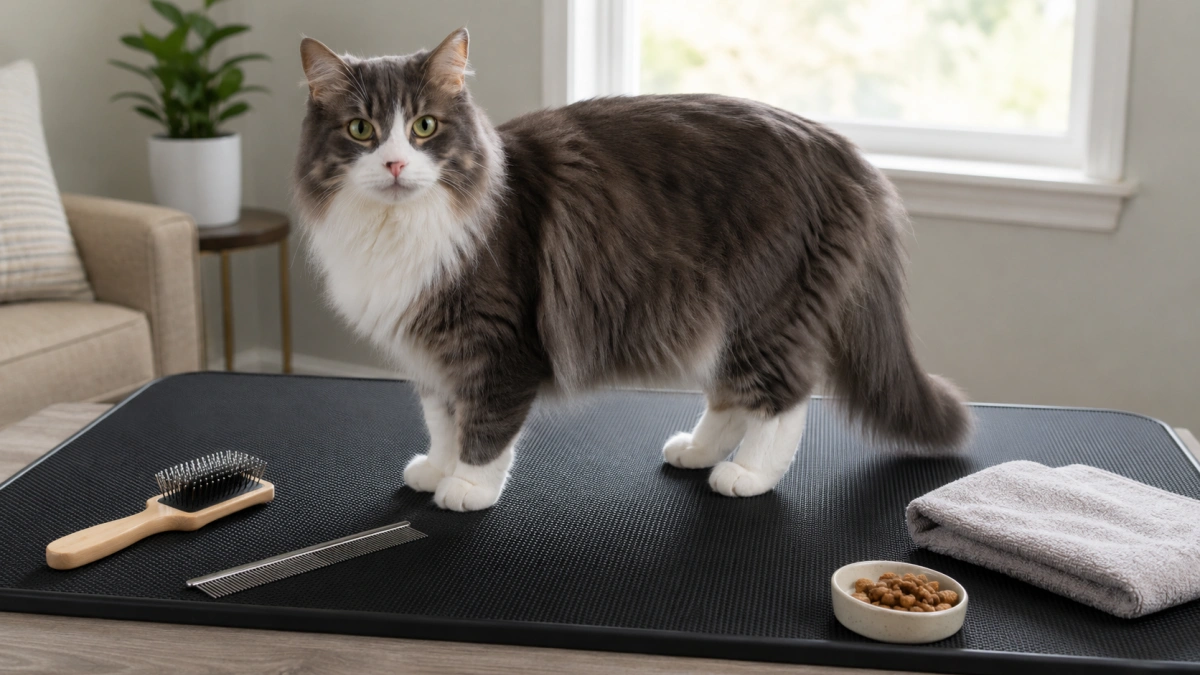 Cat standing on a secure non-slip mat with simple grooming tools nearby