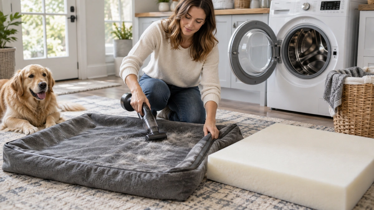 Owner preparing a removable dog bed cover for machine washing