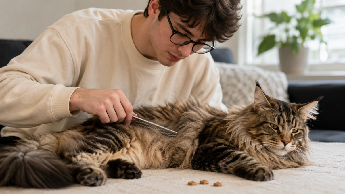 Owner gently combing an accessible section of a relaxed Maine Coon cat's belly coat