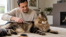Owner gently grooming a Maine Coon cat with a stainless steel long-tooth comb