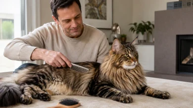 Owner gently grooming a Maine Coon cat with a stainless steel long-tooth comb