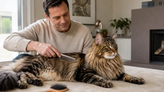 Owner gently grooming a Maine Coon cat with a stainless steel long-tooth comb