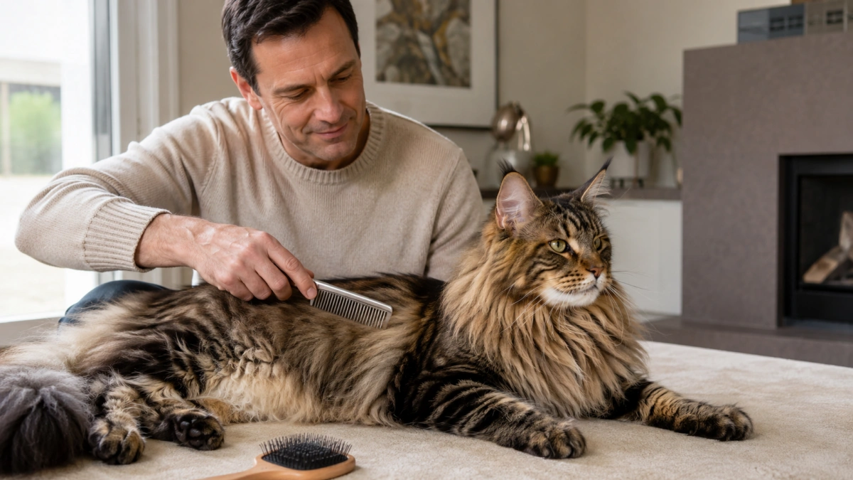 Owner gently grooming a Maine Coon cat with a stainless steel long-tooth comb