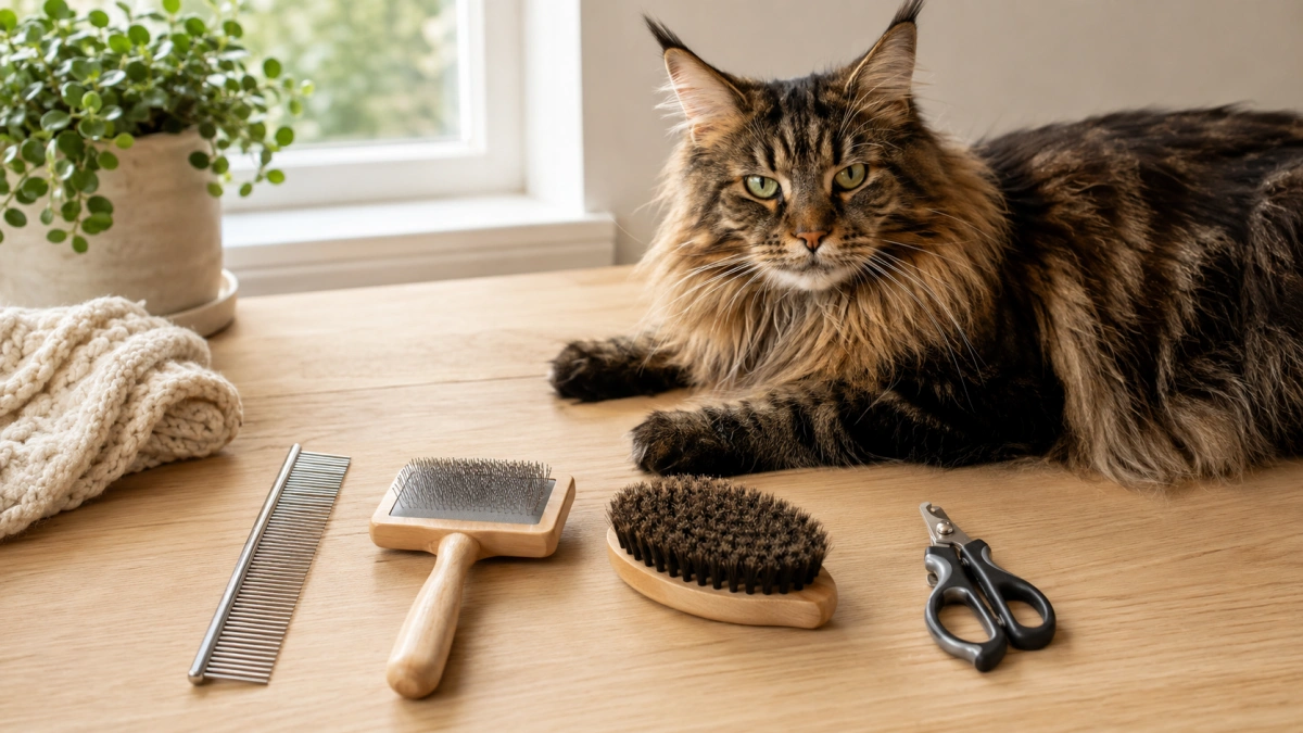 Essential Maine Coon grooming tools including metal comb brush and cat nail clippers
