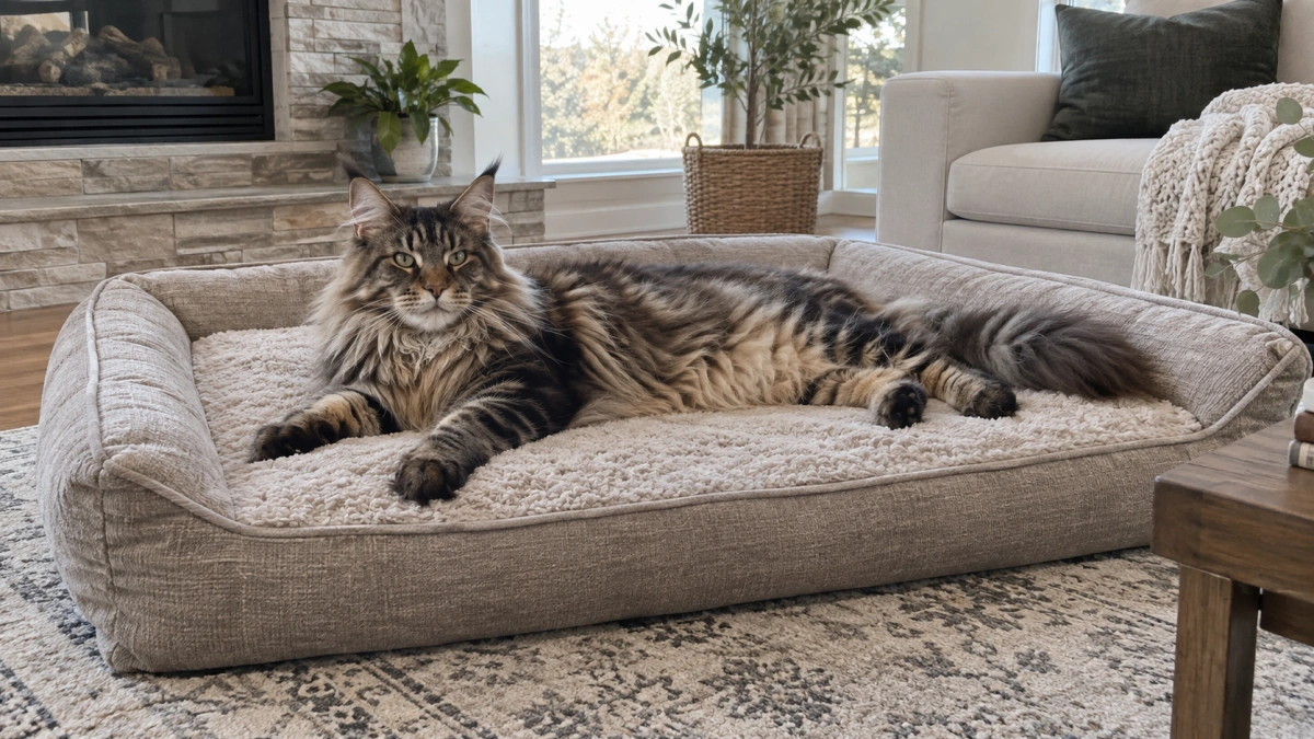 Large Maine Coon resting comfortably in an oversized cat bed