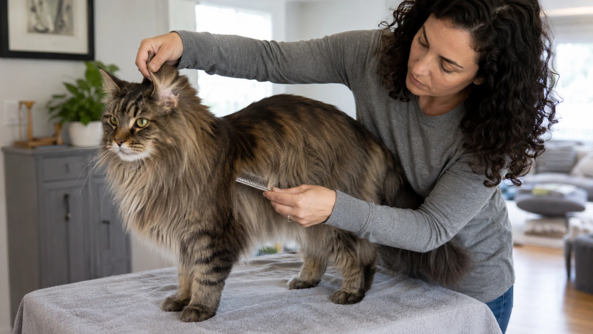 Owner checking common mat-prone areas in the long coat of a Maine Coon cat