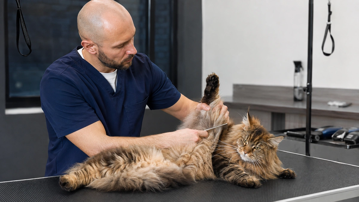 Professional feline groomer assessing the long coat of a Maine Coon cat