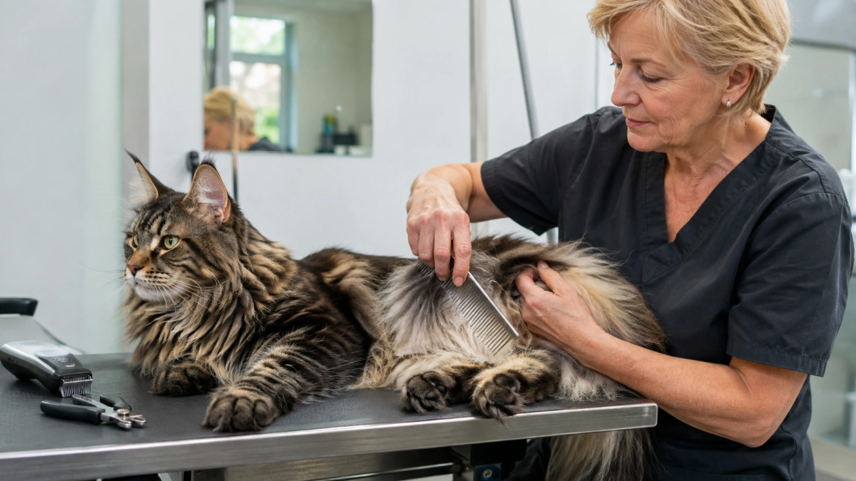Professional groomer checking the rear coat and furry paws of a Maine Coon cat