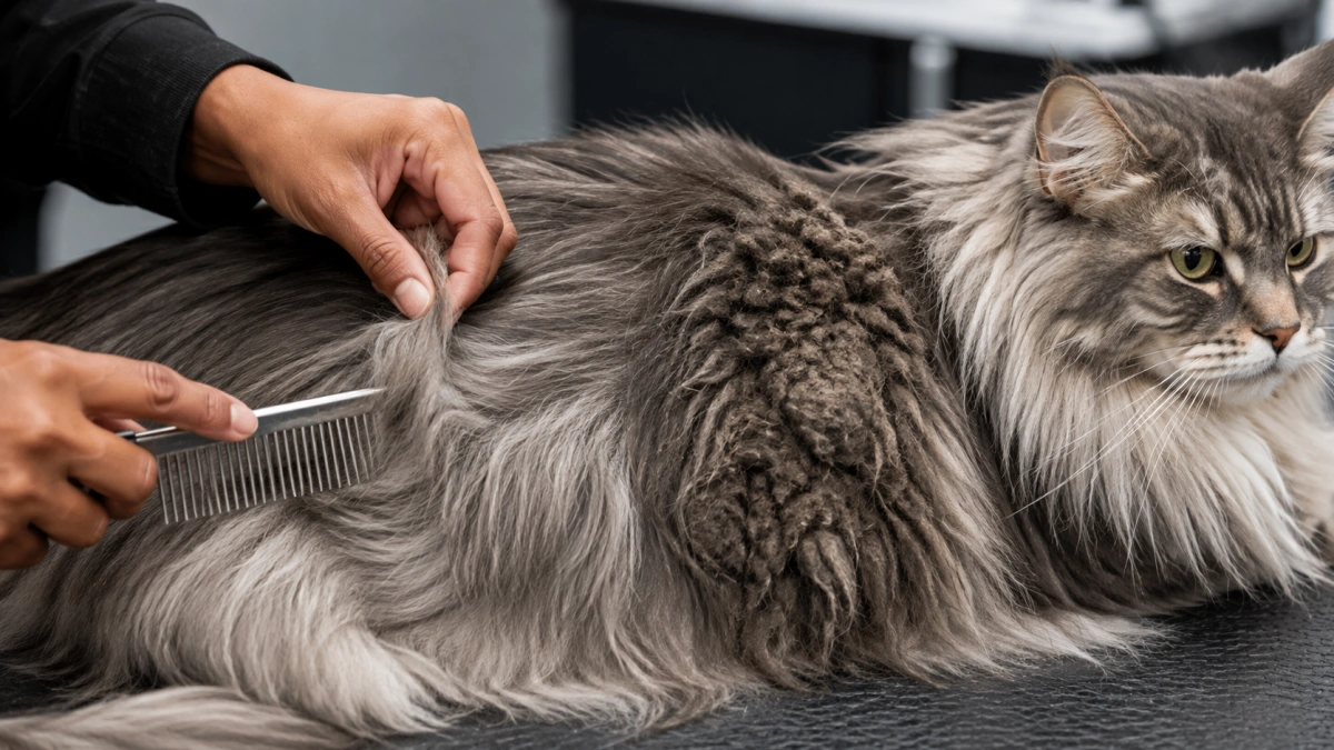 Comparison of a loose Maine Coon fur tangle and a dense tight mat