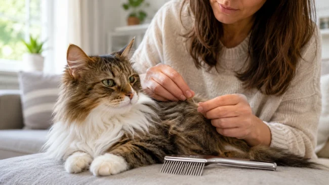 Owner carefully checking a small tangled area in a long-haired cat's coat