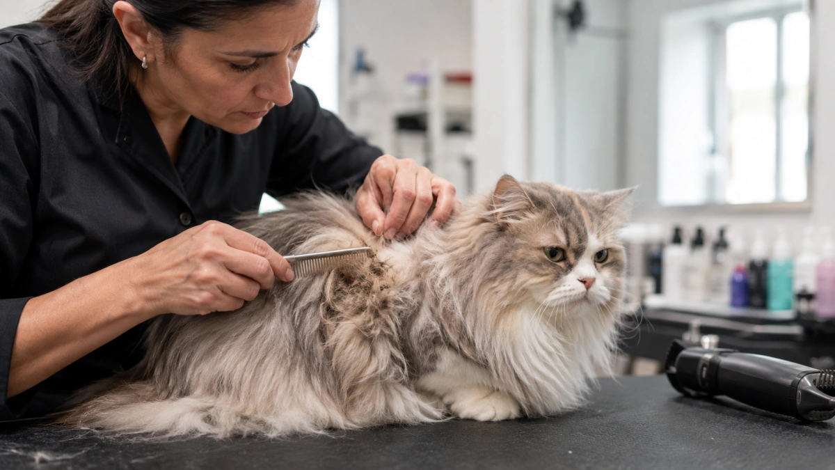 Professional cat groomer carefully examining tangled long fur before estimating additional grooming work