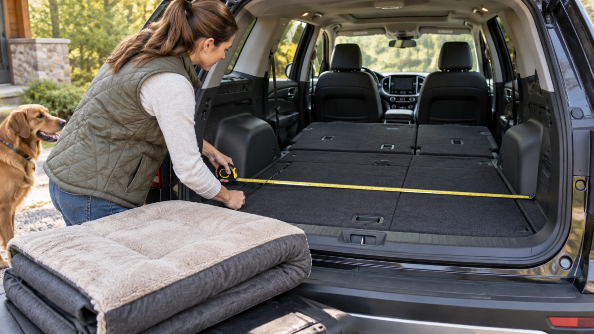 Owner measuring vehicle cargo area for a dog travel bed