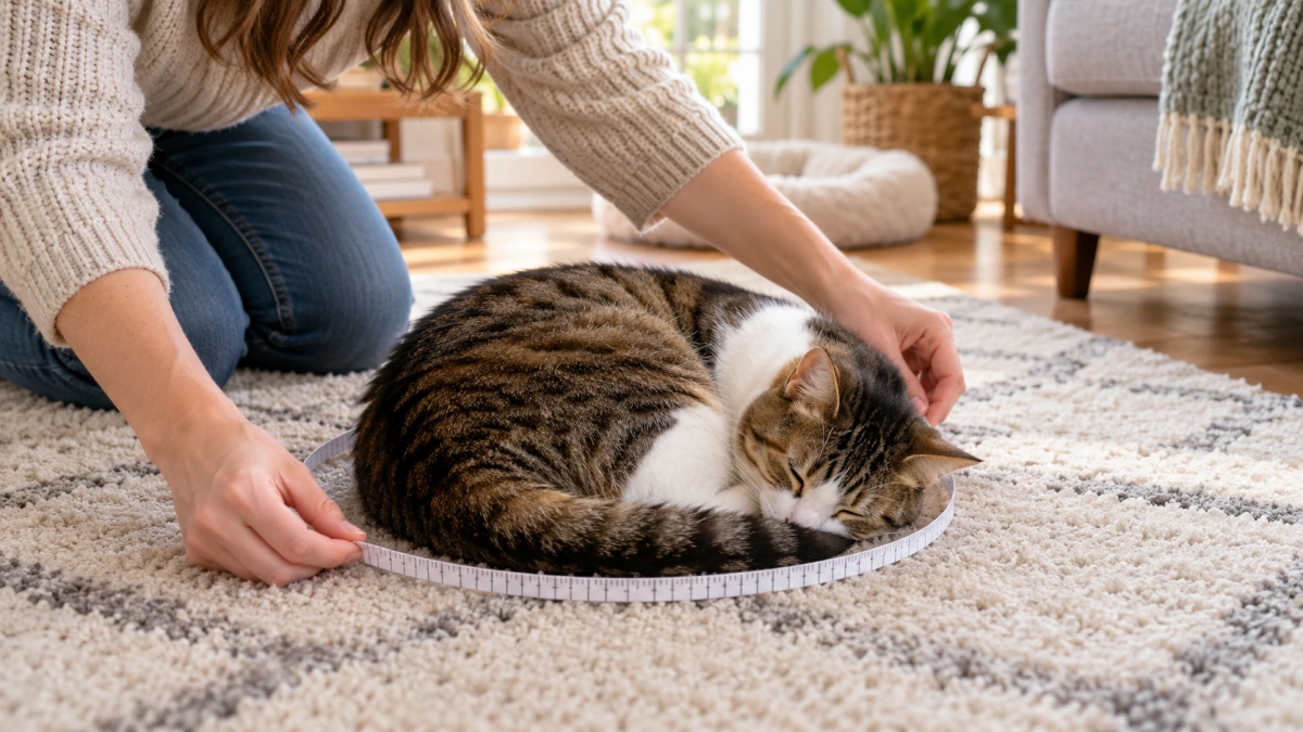 Owner measuring a curled cat for the correct round bed size