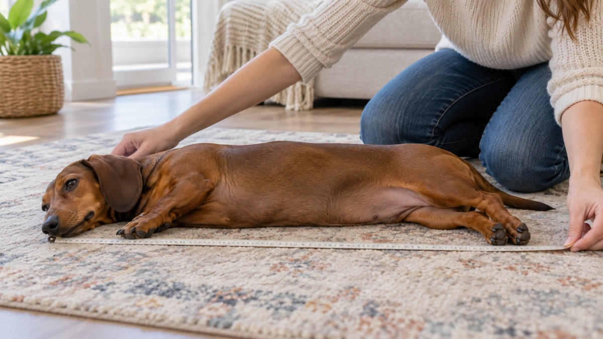 Owner measuring a Dachshund for the correct dog bed length