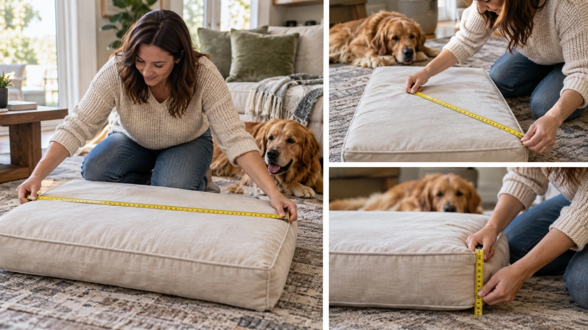 Owner measuring a dog bed insert before choosing a replacement cover