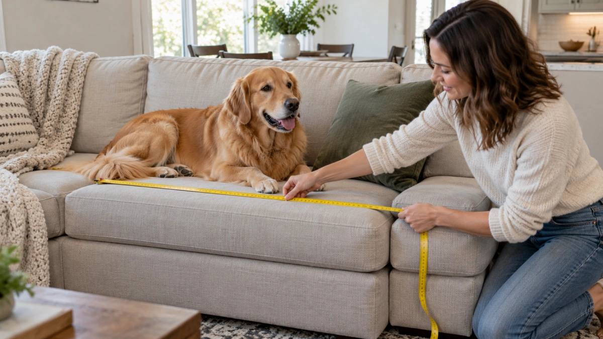Owner measuring a couch for the correct dog blanket coverage