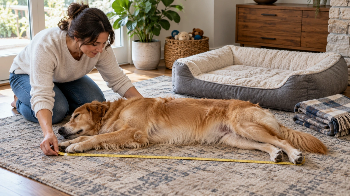Owner measuring a dog's resting area for the right blanket size
