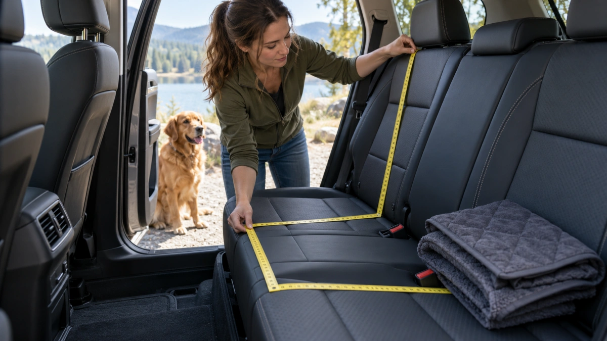 Owner measuring a rear car seat for a dog blanket