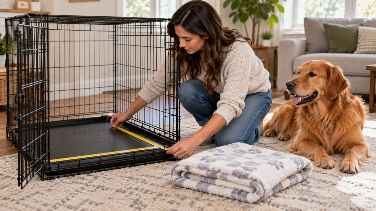 Owner measuring the interior floor of a dog crate for a blanket