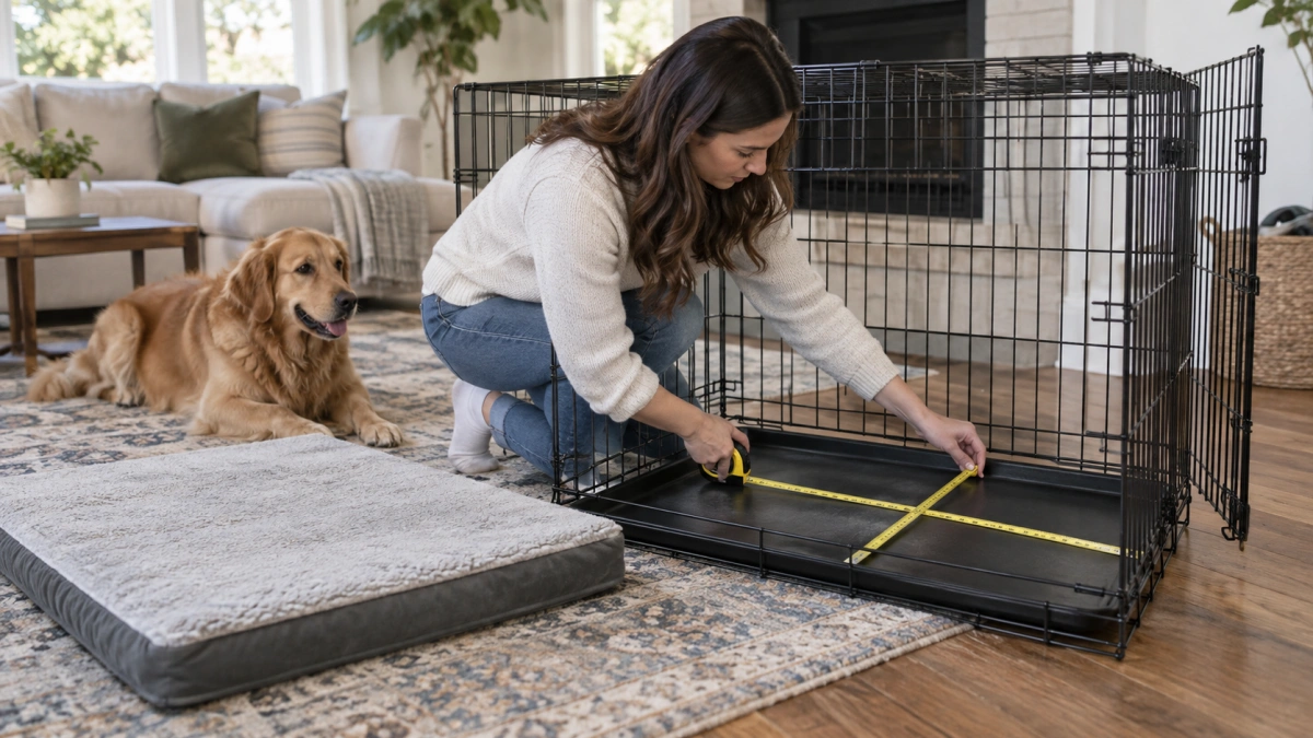 Owner measuring the inside of a dog crate for a crate bed