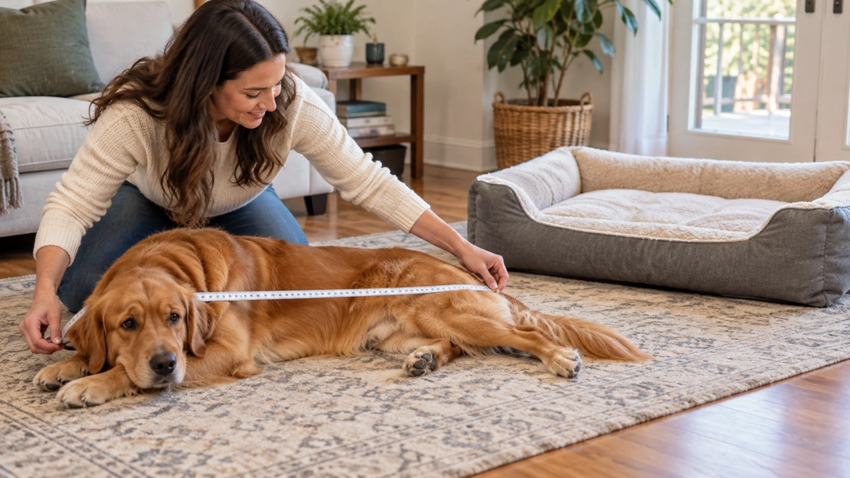 Owner measuring a dog to choose the correct dog bed size