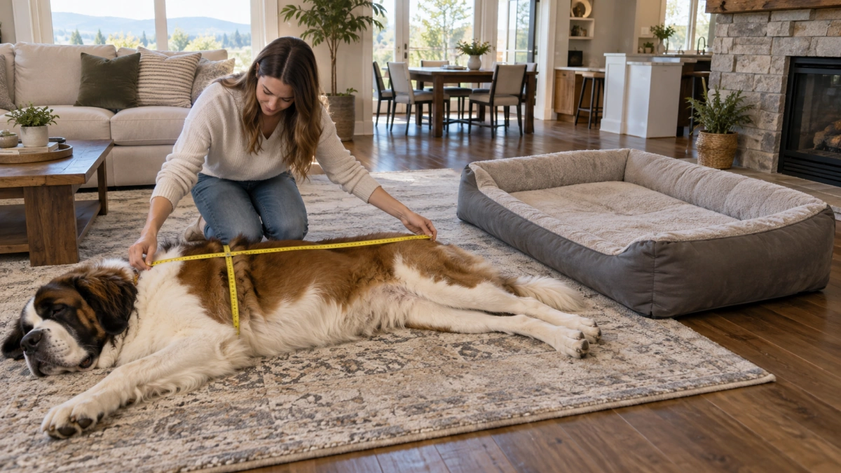 Owner measuring a giant dog for an extra large dog bed