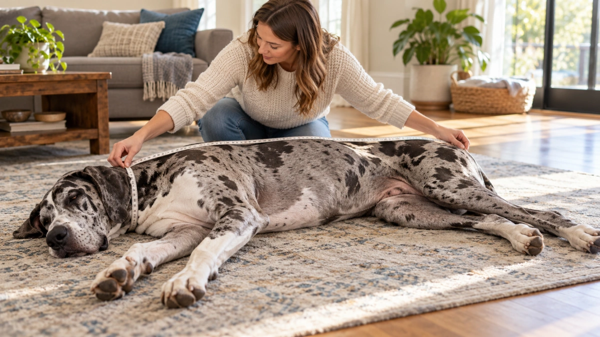 Owner measuring a Great Dane for the correct dog bed size