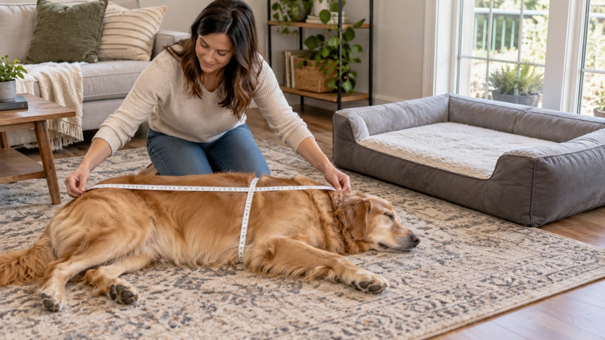 Owner measuring a large dog to choose the correct bed size