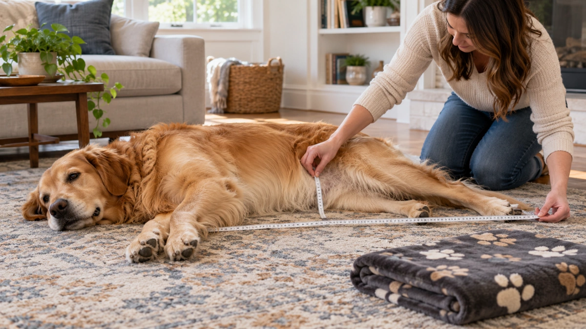 Owner measuring a large dog's resting footprint for a blanket