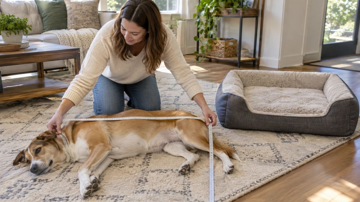 Owner measuring a medium dog for the correct bed size